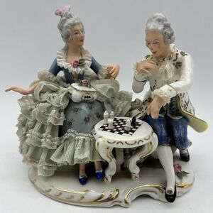 VTG Dresden Lace Chess Playing Man & Women figurines Blue And White Victorian 6"